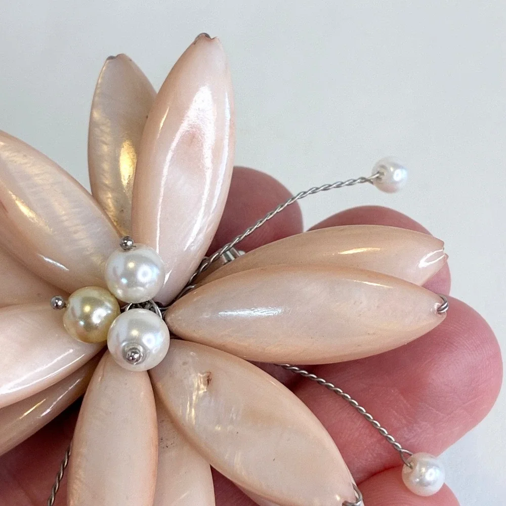Vintage Flower Brooch Peach Carved Shell Faux Pearl Petal Statement Pin